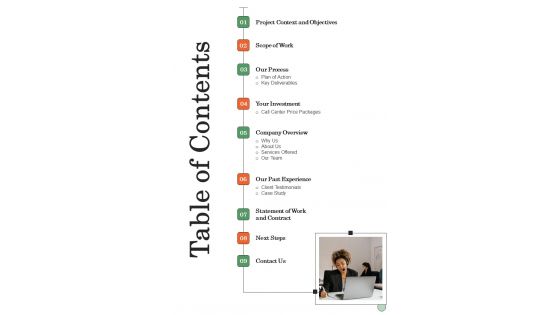 Service Center Proposal Table Of Contents One Pager Sample Example Document