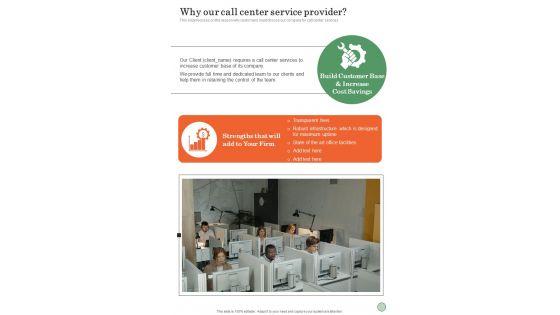 Service Center Proposal Why Our Call Center Service Provider One Pager Sample Example Document