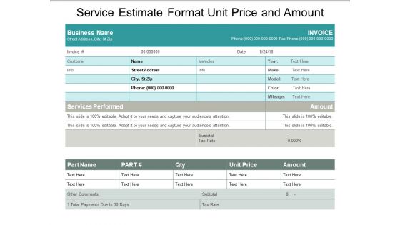 Service Estimate Format Unit Price And Amount Ppt PowerPoint Presentation Ideas Guidelines