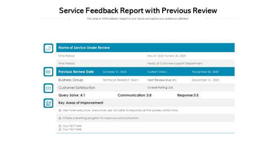 Service Feedback Report With Previous Review Ppt PowerPoint Presentation Gallery Example PDF