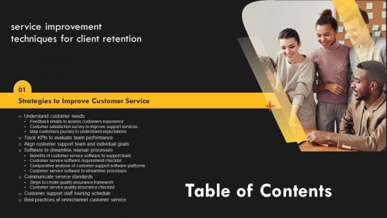 Service Improvement Techniques For Client Retention Table Of Contents Elements PDF