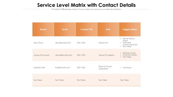 Service Level Matrix With Contact Details Ppt PowerPoint Presentation Gallery Icon PDF