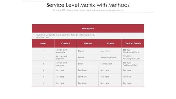Service Level Matrix With Methods Ppt PowerPoint Presentation Gallery Themes PDF