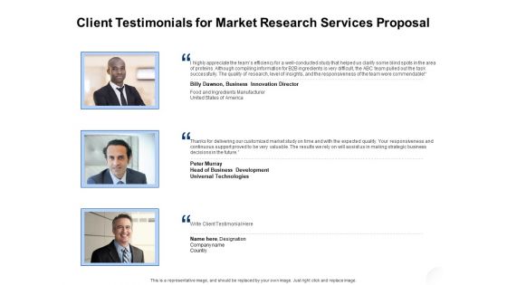 Service Market Research Client Testimonials For Market Research Services Proposal Diagrams PDF