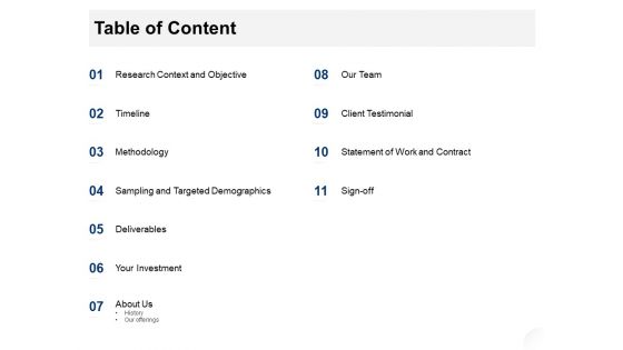 Service Market Research Table Of Content Ppt Show PDF