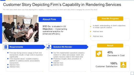 Service Marketing Fundraising Customer Story Depicting Firms Capability In Rendering Services Infographics PDF