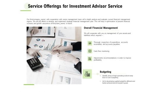 Service Offerings For Investment Advisor Service Ppt Pictures Display PDF