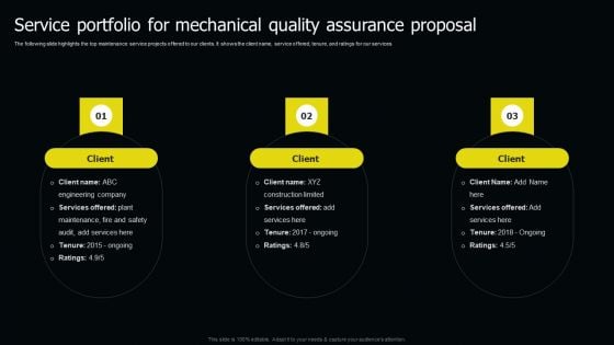 Service Portfolio For Mechanical Quality Assurance Proposal Ppt Styles Good PDF