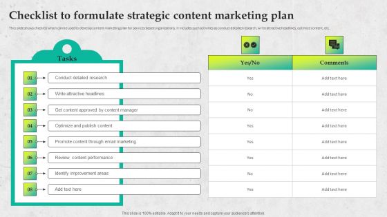 Service Promotion Plan Checklist To Formulate Strategic Content Marketing Plan Clipart PDF