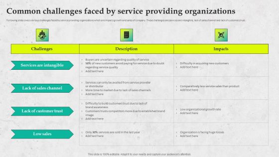 Service Promotion Plan Common Challenges Faced By Service Providing Organizations Portrait PDF