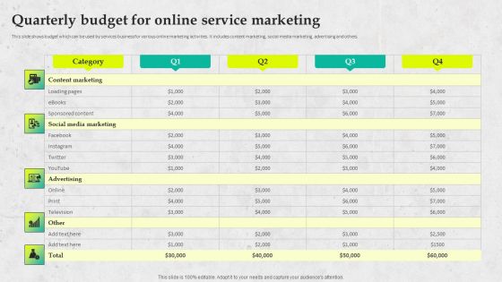 Service Promotion Plan Quarterly Budget For Online Service Marketing Microsoft PDF