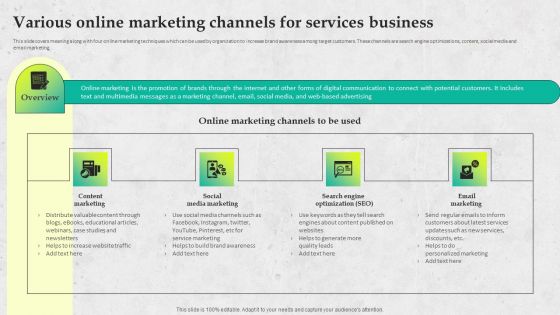 Service Promotion Plan Various Online Marketing Channels For Services Business Demonstration PDF