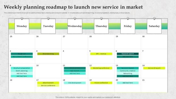 Service Promotion Plan Weekly Planning Roadmap To Launch New Service In Market Mockup PDF