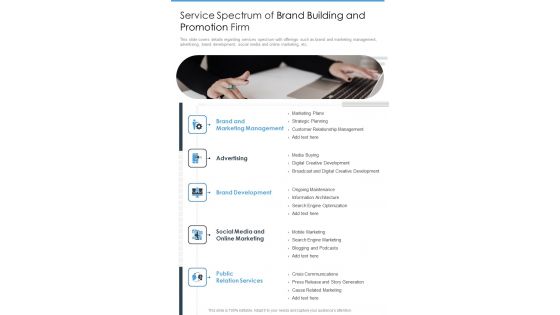 Service Spectrum Of Brand Building And Promotion Firm One Pager Sample Example Document Service Spectrum Of Brand Building And Promotion Firm One Pager Sample Example Document