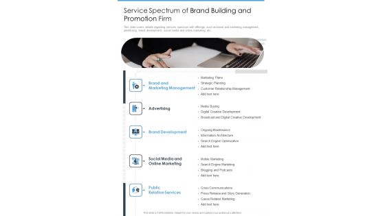 Service Spectrum Of Brand Building And Promotion Firm One Pager Sample Example Document