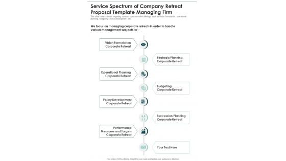 Service Spectrum Of Company Retreat Template Managing Firm One Pager Sample Example Document Service Spectrum Of Company Retreat Template Managing Firm One Pager Sample Example Document