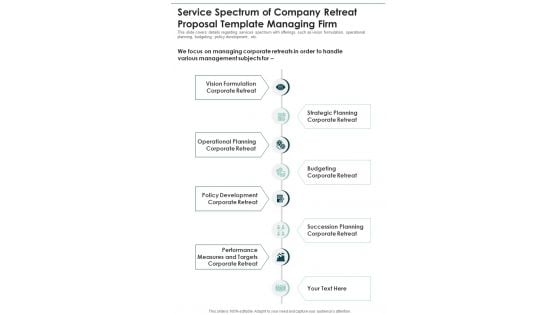 Service Spectrum Of Company Retreat Template Managing Firm One Pager Sample Example Document