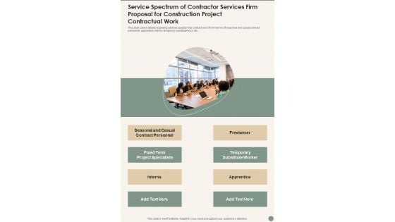 Service Spectrum Of Contractor Services Firm For Construction Project Contractual Work Wd One Pager Sample Example Document