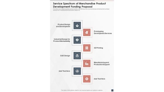 Service Spectrum Of Merchandise Product Development Funding Proposal One Pager Sample Example Document