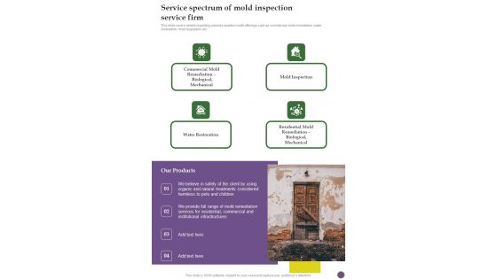Service Spectrum Of Mold Inspection Service Firm One Pager Sample Example Document Service Spectrum Of Mold Inspection Service Firm One Pager Sample Example Document