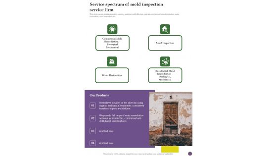 Service Spectrum Of Mold Inspection Service Firm One Pager Sample Example Document