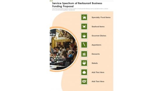 Service Spectrum Of Restaurant Business Funding Proposal One Pager Sample Example Document Service Spectrum Of Restaurant Business Funding Proposal One Pager Sample Example Document