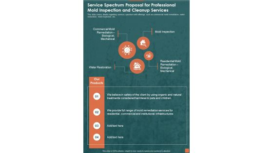 Service Spectrum Proposal For Professional Mold Inspection And Cleanup Services One Pager Sample Example Document Service Spectrum Proposal For Professional Mold Inspection And Cleanup Services One Pager Sample Example Document