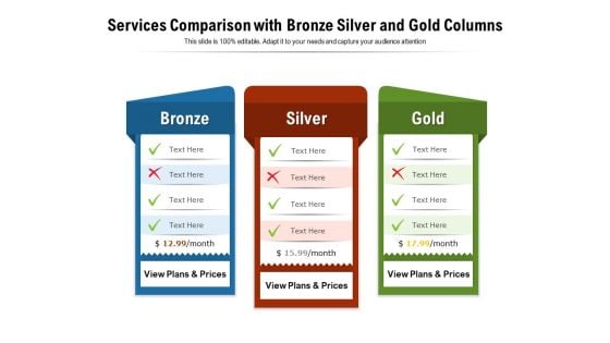 Services Comparison With Bronze Silver And Gold Columns Ppt PowerPoint Presentation Layouts Demonstration PDF Services Comparison With Bronze Silver And Gold Columns Ppt PowerPoint Presentation Layouts Demonstration PDF
