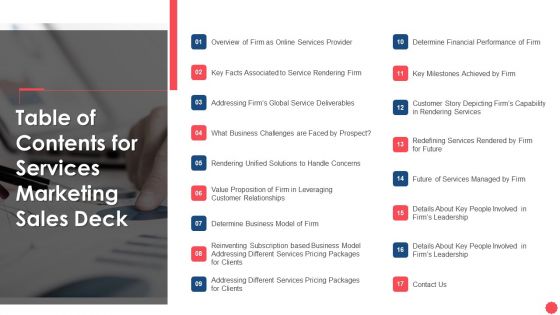 Services Marketing Sales Table Of Contents For Services Marketing Sales Deck Ppt Diagrams PDF