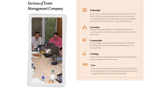 Services Of Event Management Company Ppt PowerPoint Presentation File Slide PDF