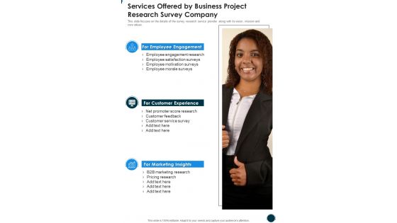 Services Offered By Business Project Research Survey Company One Pager Sample Example Document