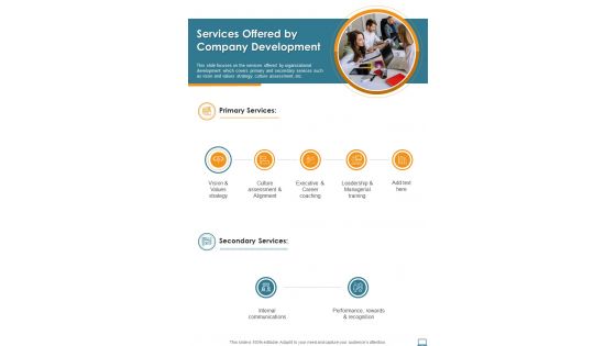 Services Offered By Company Development One Pager Sample Example Document