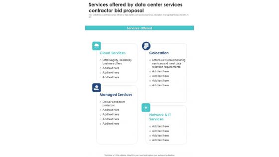 Services Offered By Data Center Services Contractor Bid Proposal One Pager Sample Example Document