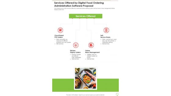 Services Offered By Digital Food Ordering Administration Software Proposal One Pager Sample Example Document