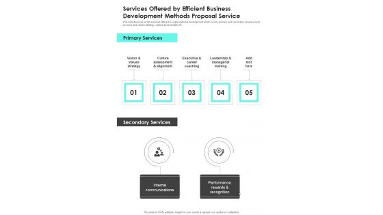 Services Offered By Efficient Business Development Methods Proposal Service One Pager Sample Example Document