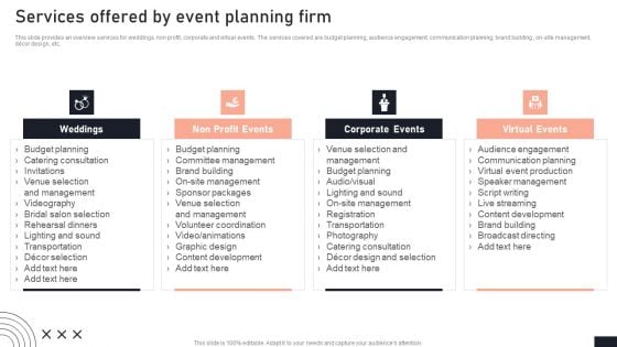 Services Offered By Event Planning Firm Stakeholder Engagement Plan For Launch Event Brochure PDF