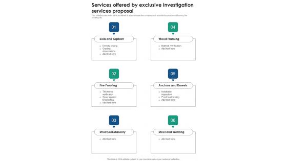 Services Offered By Exclusive Investigation Services Proposal One Pager Sample Example Document Services Offered By Exclusive Investigation Services Proposal One Pager Sample Example Document
