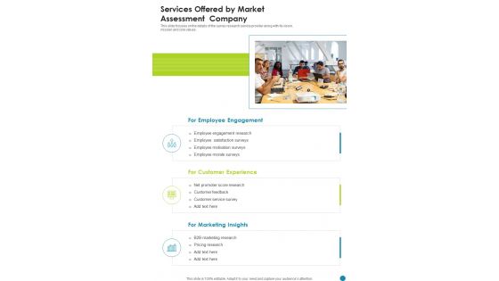 Services Offered By Market Assessment Company One Pager Sample Example Document