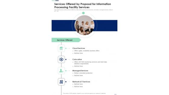 Services Offered By Proposal For Information Processing Facility Services One Pager Sample Example Document Services Offered By Proposal For Information Processing Facility Services One Pager Sample Example Document