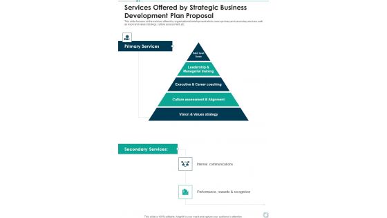 Services Offered By Strategic Business Development Plan Proposal One Pager Sample Example Document