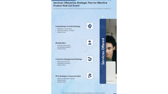 Services Offered By Strategic Plan For Effective Product Roll Out Event One Pager Sample Example Document Services Offered By Strategic Plan For Effective Product Roll Out Event One Pager Sample Example Document