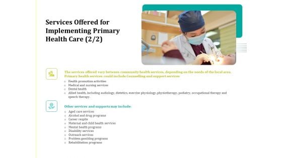 Services Offered For Implementing Primary Health Care Ppt Styles PDF