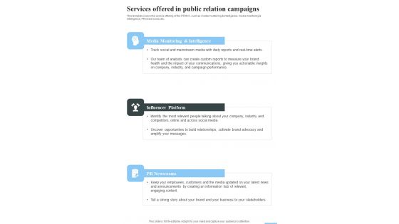 Services Offered In Public Relation Campaigns One Pager Sample Example Document