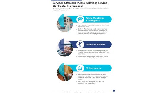 Services Offered In Public Relations Service Contractor Bid Proposal One Pager Sample Example Document