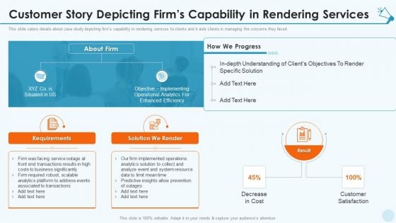 Services Promotion Investor Financing Elevator Customer Story Depicting Firms Capability Elements PDF