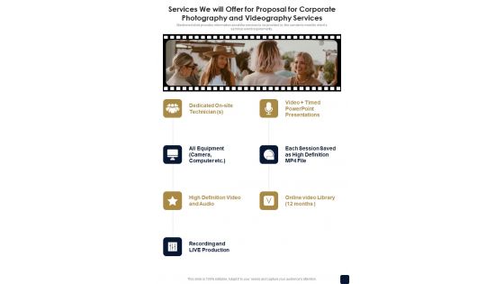 Services We Will Offer For Corporate Photography And Videography Services One Pager Sample Example Document Services We Will Offer For Corporate Photography And Videography Services One Pager Sample Example Document