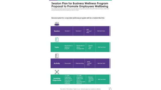 Session Plan Business Wellness Program Proposal Promote One Pager Sample Example Document