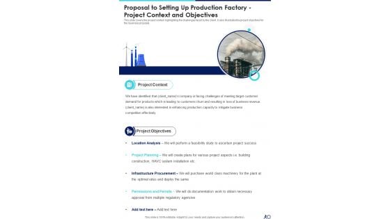 Setting Up Production Factory Project Context And Objectives One Pager Sample Example Document