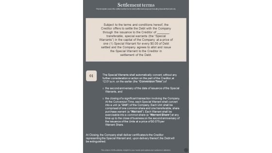 Settlement Terms Loan Settlement Agreement One Pager Sample Example Document