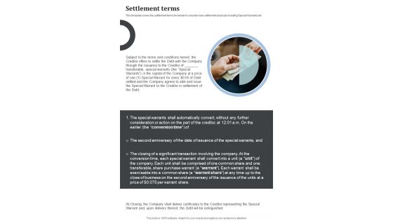 Settlement Terms Moneylenders To Consider Loan Settlement One Pager Sample Example Document Settlement Terms Moneylenders To Consider Loan Settlement One Pager Sample Example Document